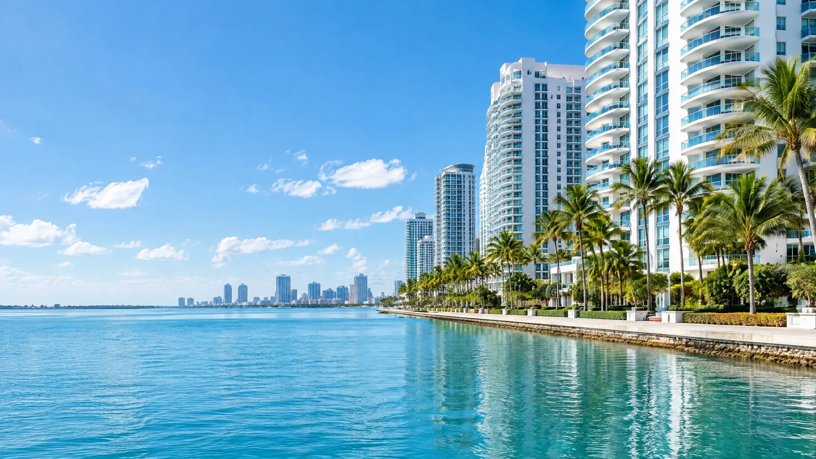 South Florida waterfront condominiums and palm trees on a bright day