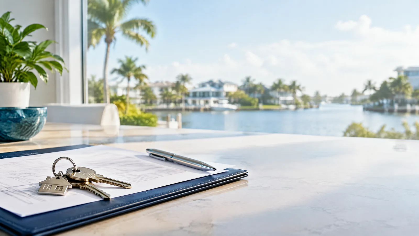 House keys and closing documents in a sunlit South Florida home setting