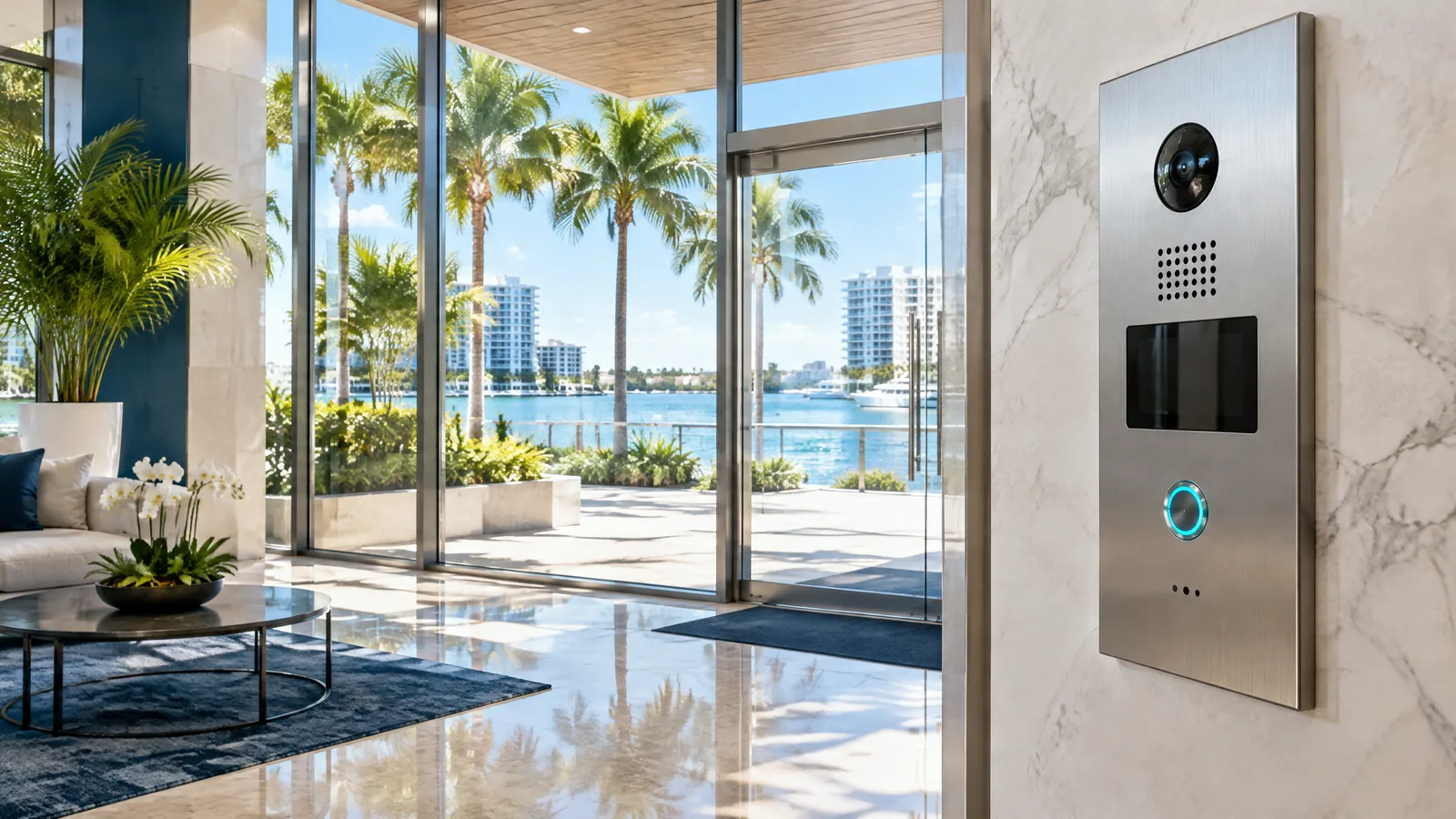 Verified entry intercom overlooking South Florida waterfront residences